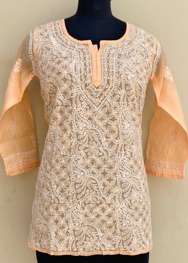 Lucknowi Chikankari Short Kurti Peach Cotton