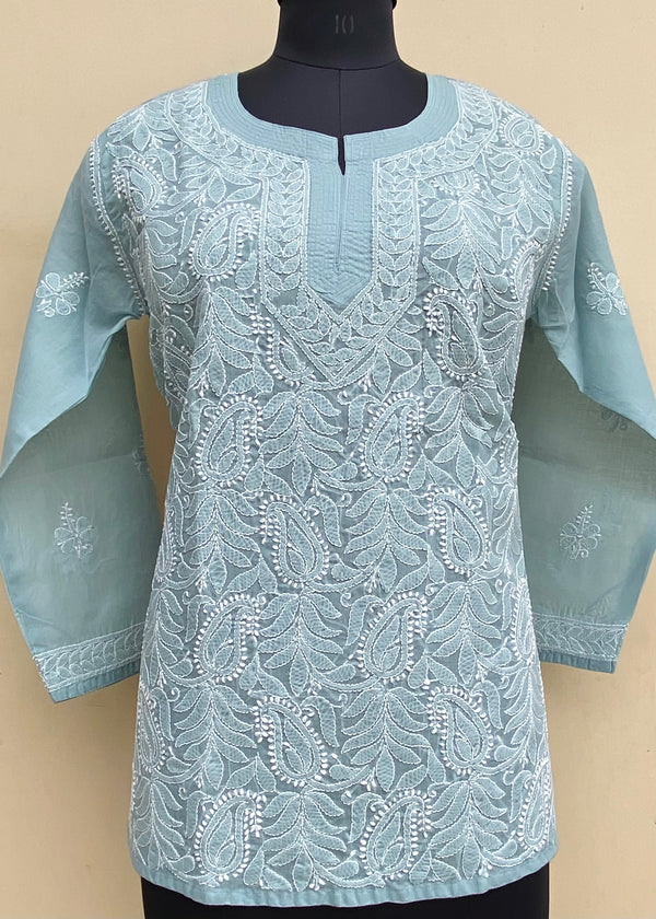 Lucknowi Chikankari Short Kurti Gray Cotton