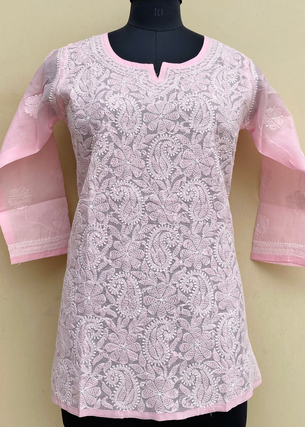 Lucknowi Chikankari Short Kurti Baby Pink Cotton