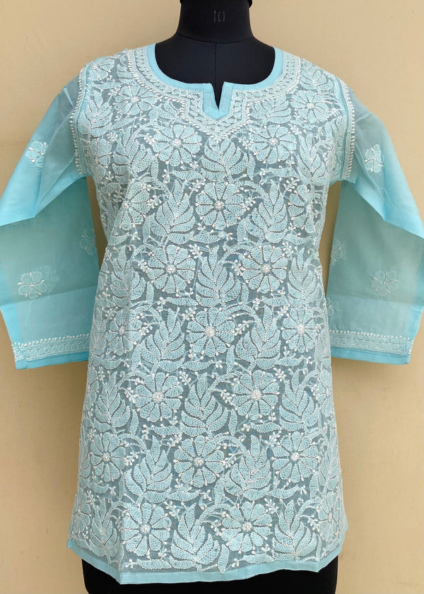 Lucknowi Chikankari Short Kurti Blue Cotton