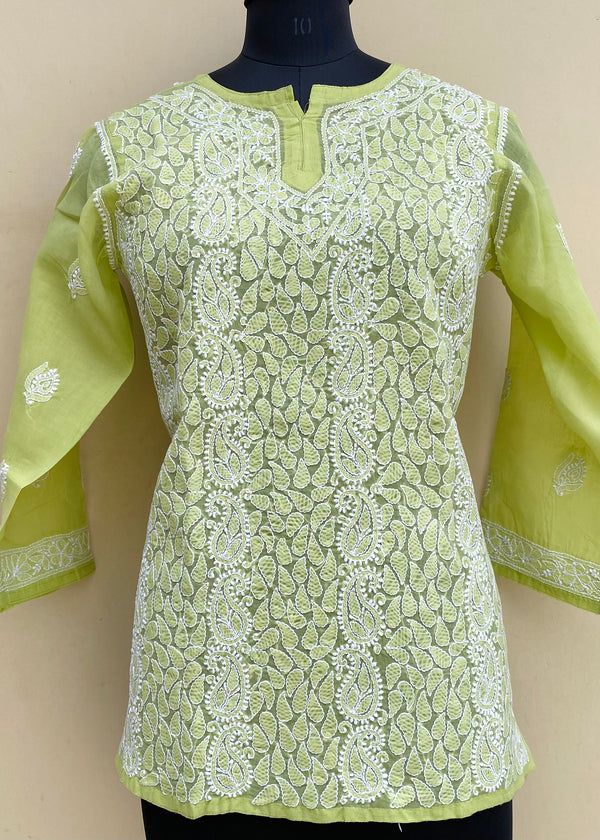 Lucknowi Chikankari Short Kurti Green Cotton