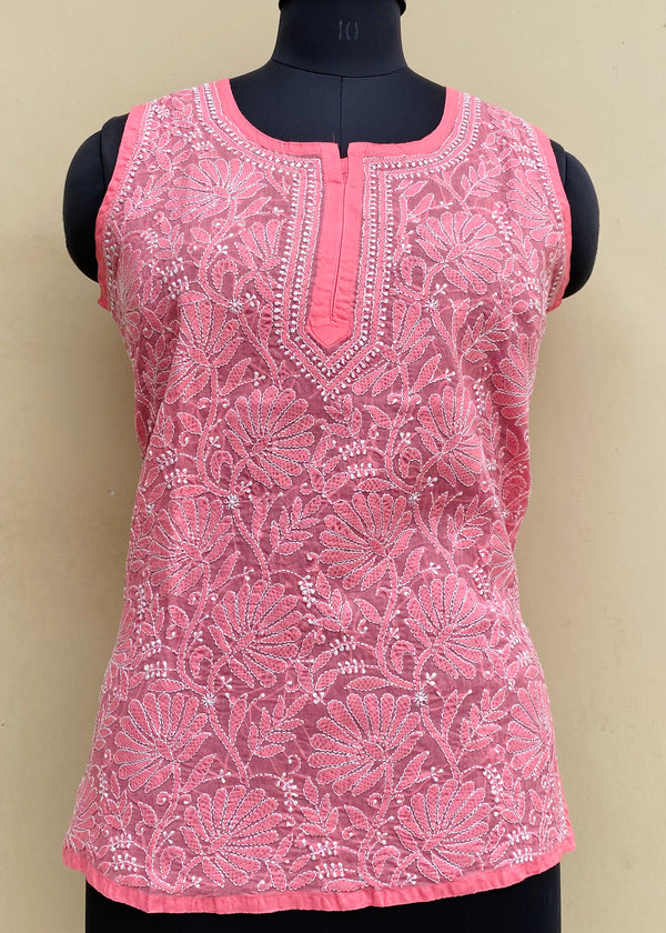 Lucknowi Chikankari Short Kurti Pink Cotton