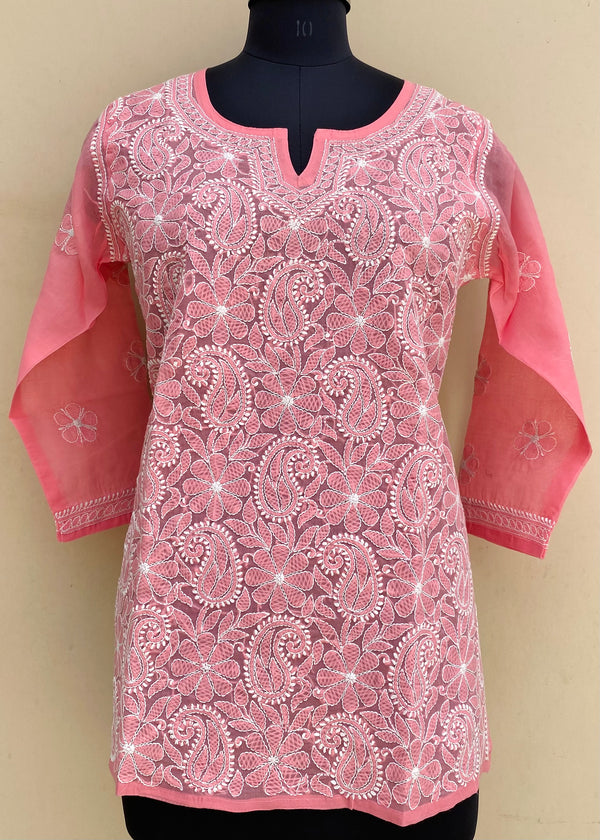 Lucknowi Chikankari Short Kurti Pink Cotton