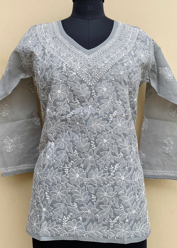 Lucknowi Chikankari Short Kurti Gray Cotton