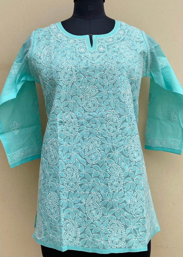 Lucknowi Chikankari Short Kurti Sea Green Cotton