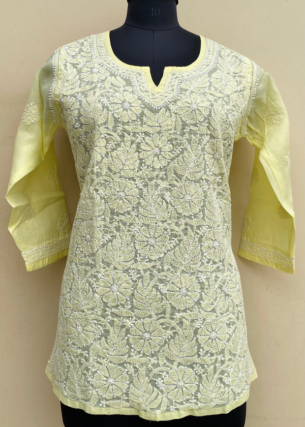 Lucknowi Chikankari Short Lemon Yellow Cotton