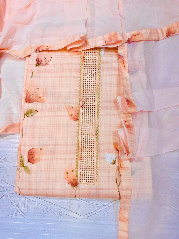 Designer Suit Length 3 Piece Peach Mal Cotton