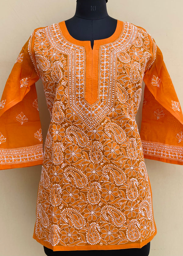 Lucknowi Chikankari Short Kurti Orange Cotton