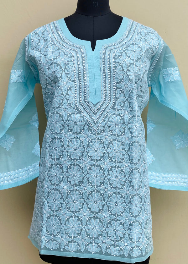 Lucknowi Chikankari Short Kurti Blue Cotton