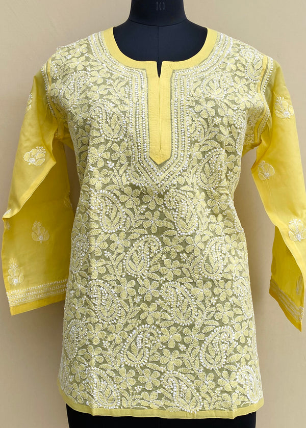 Lucknowi Chikankari Short Kurti Yellow Cotton