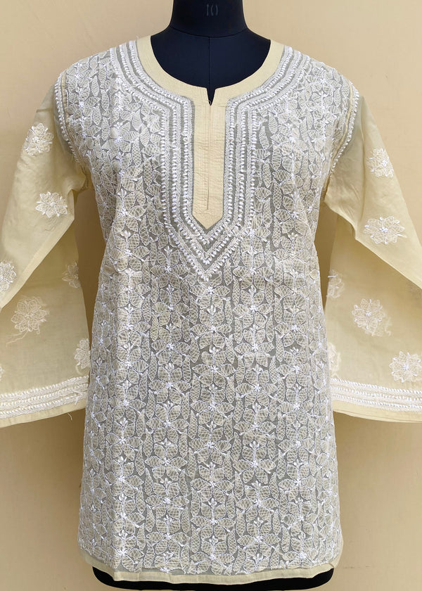 Lucknowi Chikankari Short Kurti Cream Cotton