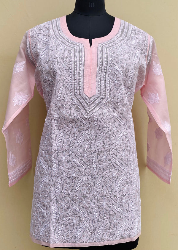 Lucknowi Chikankari Short Kurti Pink Cotton