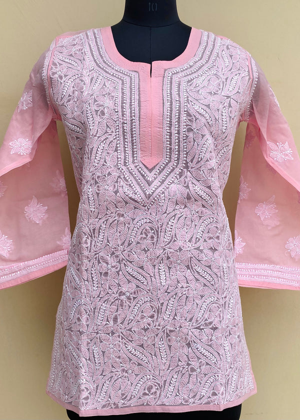 Lucknowi Chikankari Short Kurti Pink Cotton