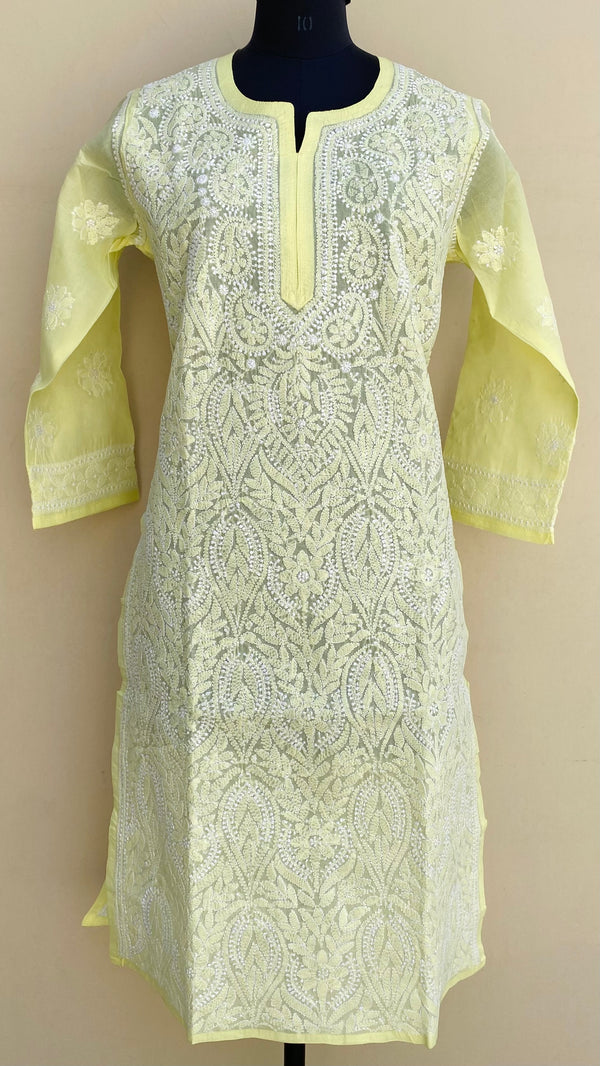 Lucknowi Chikankari Kurti Lemon Yellow Cotton