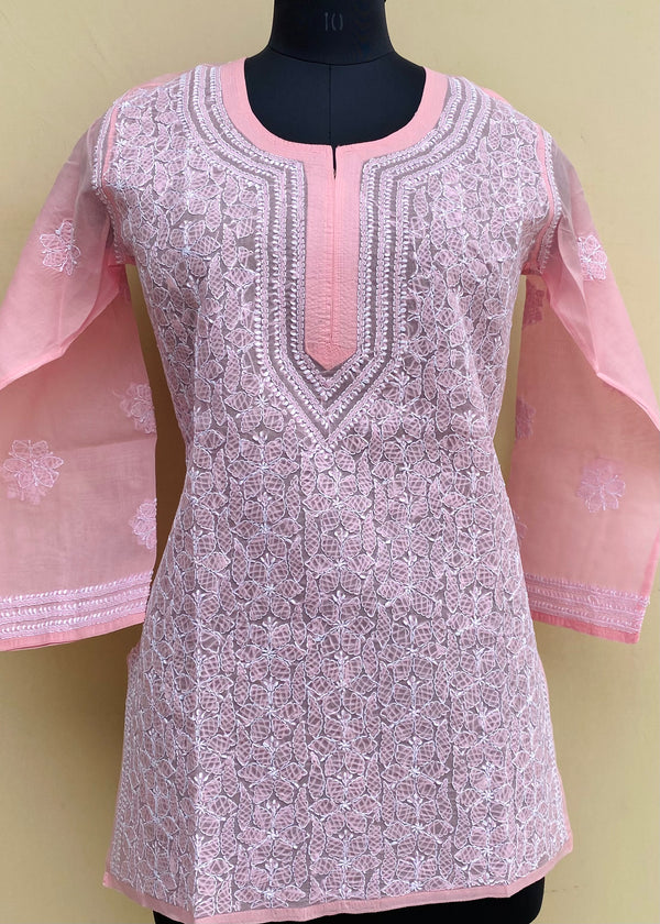 Lucknowi Chikankari Short Kurti Pink Cotton