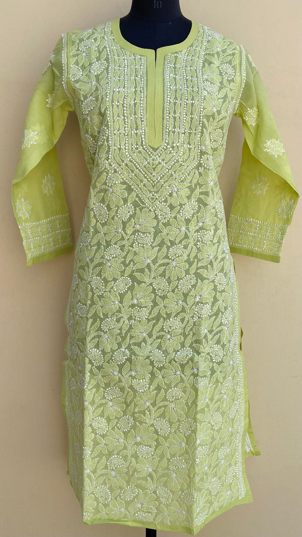 Lucknowi Chikankari Kurti Pista Green Cotton