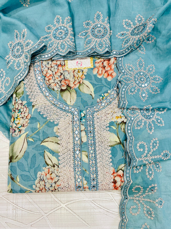 Designer Embroidered Suit Length 3 Piece Turquoise Blue Mal Cotton