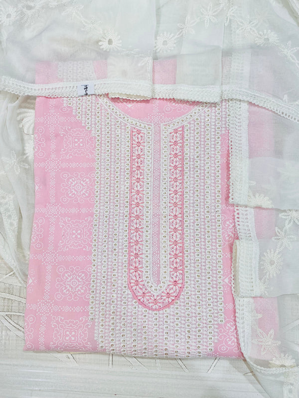 Designer Embroidered Suit Length 3 Piece Pink Mal Cotton