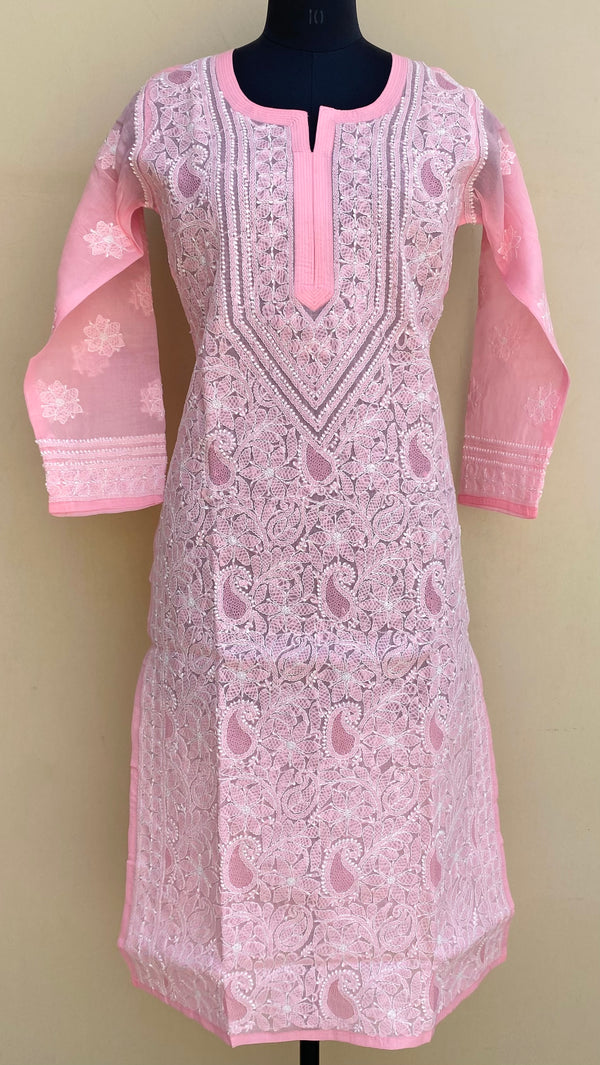 Lucknowi Chikankari Kurti Pink Cotton With Jaali work