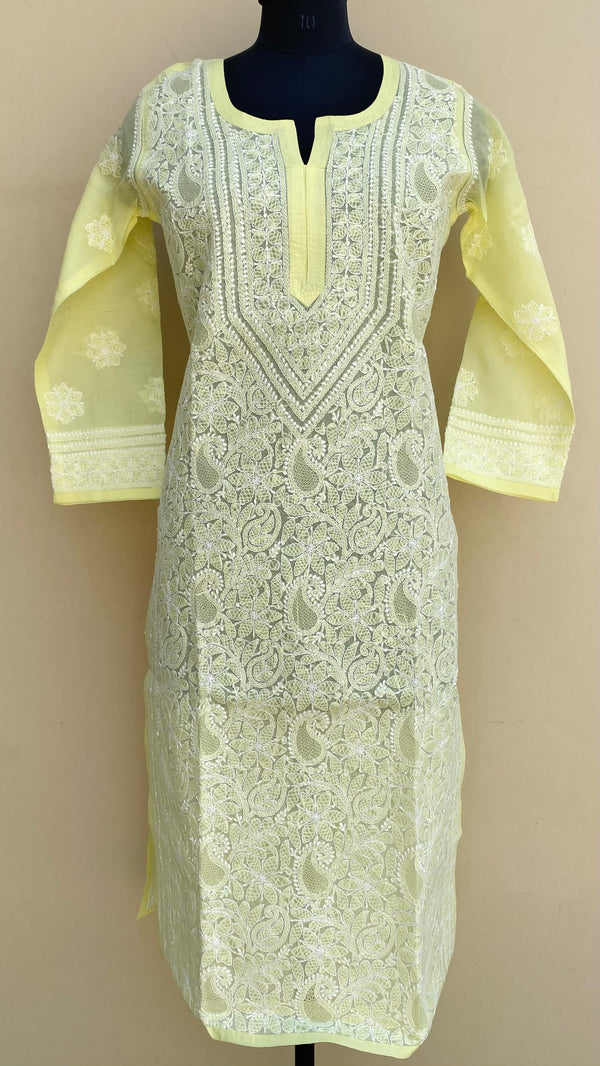 Lucknowi Chikankari Kurti Lemon Yellow Cotton With Jaali work