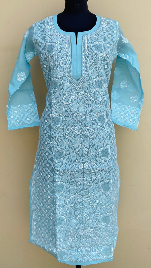 Lucknowi Chikankari Kurti Blue Cotton With Jaali work