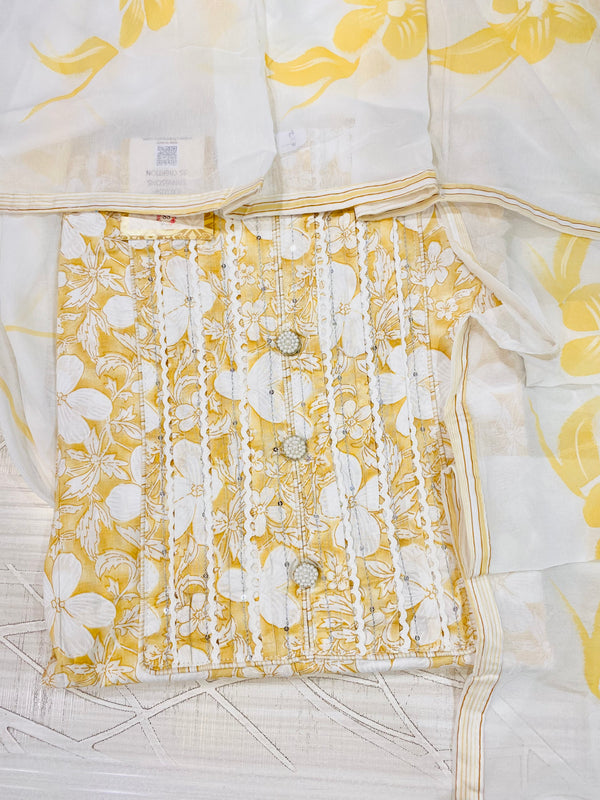 Designer Suit Length 3 Piece Yellow Mal Cotton