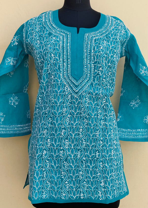 Lucknowi Chikankari Short Kurti Sea Green Cotton