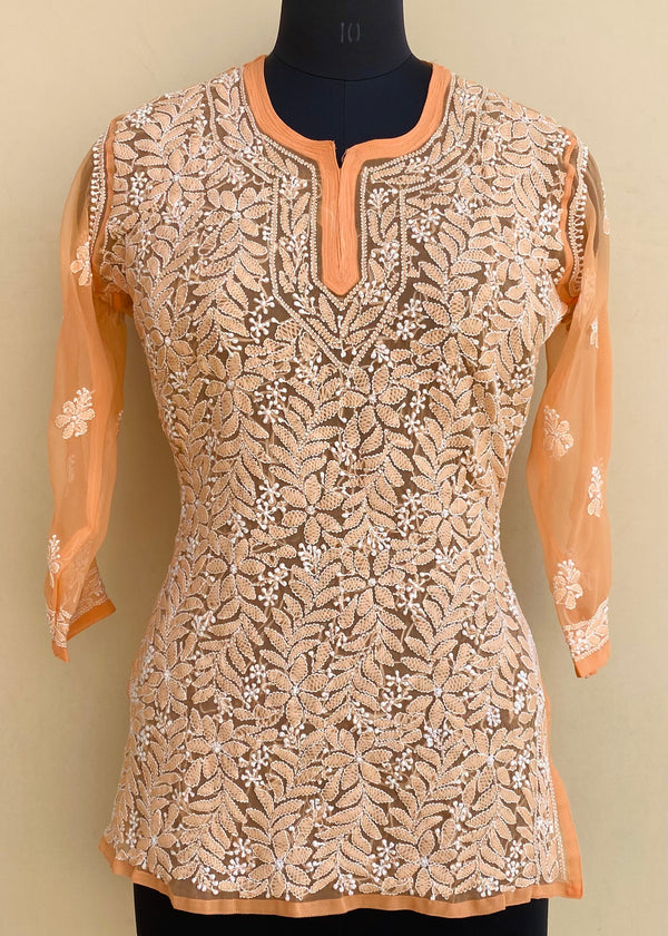 Lucknowi Chikankari Short Kurti Orange Georgette