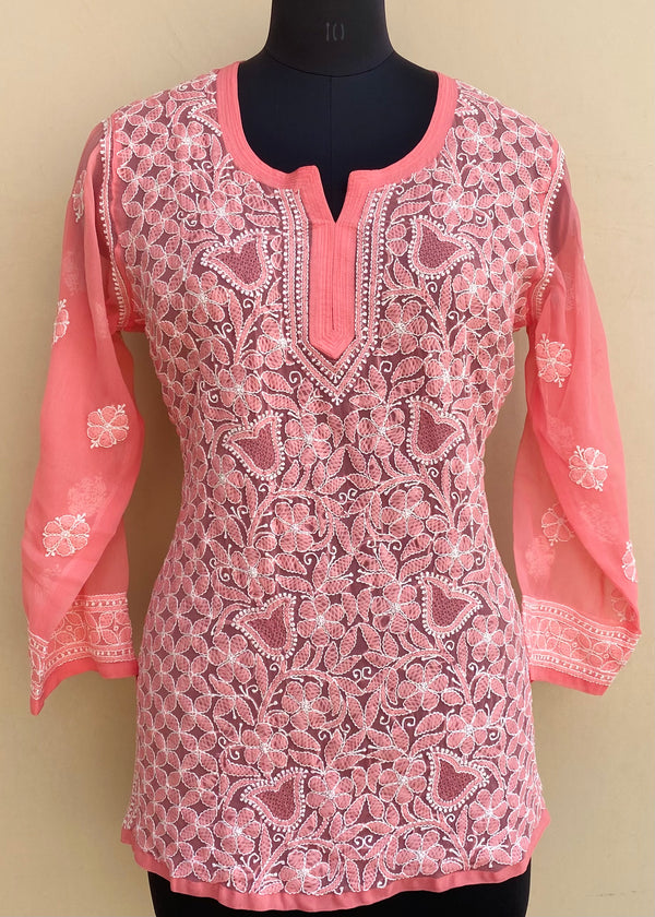 Lucknowi Chikankari Short Kurti Pink Georgette With Jaali Work