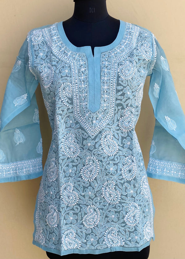 Lucknowi Chikankari Short Kurti Blue Cotton