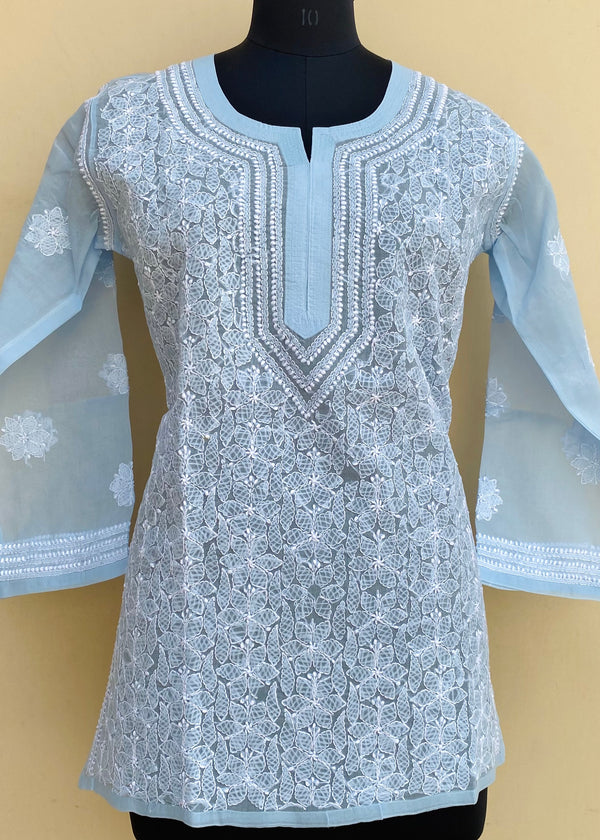 Lucknowi Chikankari Short Kurti Powder Blue Cotton