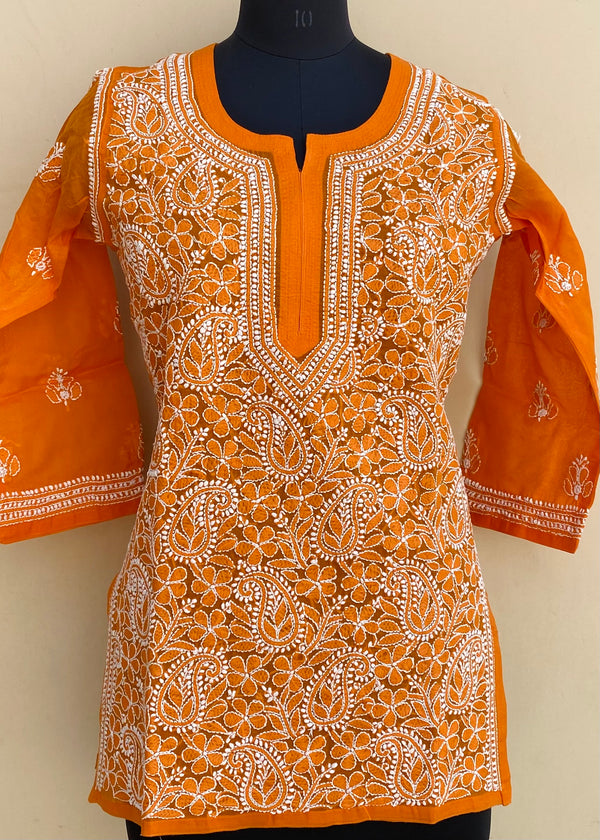 Lucknowi Chikankari Short Kurti Orange Cotton