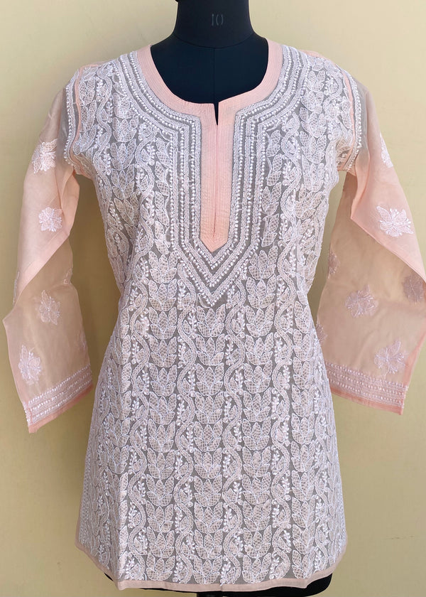 Lucknowi Chikankari Short Kurti Peach Cotton