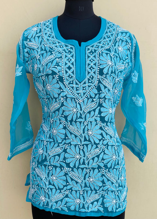 Lucknowi Chikankari Short Kurti Blue Georgette