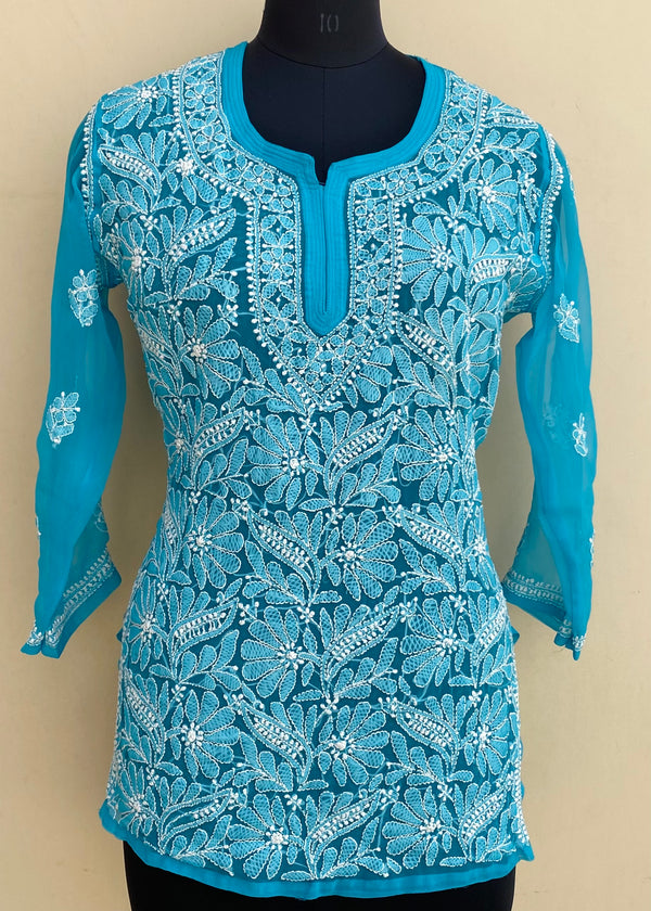 Lucknowi Chikankari Short Kurti Blue Georgette