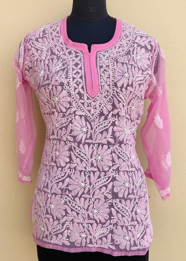 Lucknowi Chikankari Short Kurti Pink Georgette