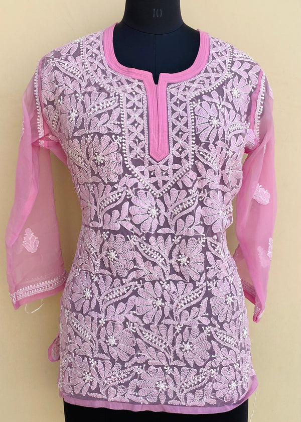 Lucknowi Chikankari Short Kurti Pink Georgette