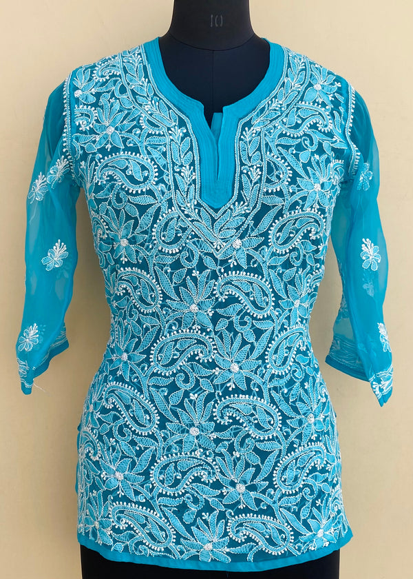 Lucknowi Chikankari Short Kurti Blue Georgette