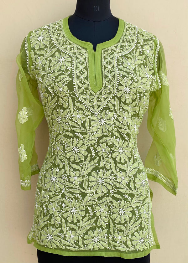 Lucknowi Chikankari Short Kurti Parrot Green Georgette