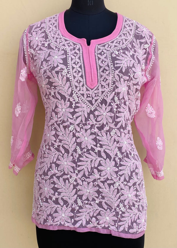 Lucknowi Chikankari Short Kurti Pink Georgette