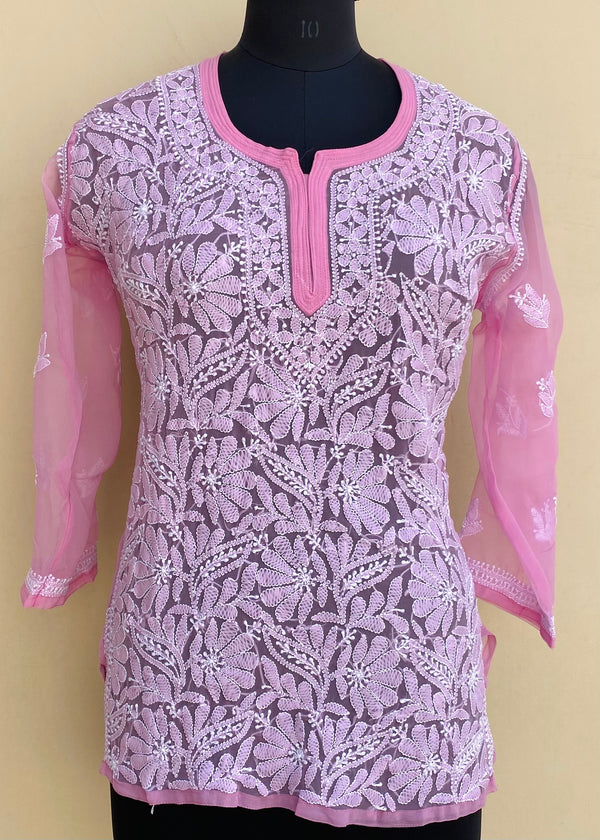 Lucknowi Chikankari Short Kurti Pink Georgette