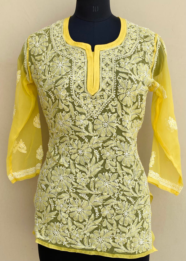 Lucknowi Chikankari Short Kurti Yellow Georgette