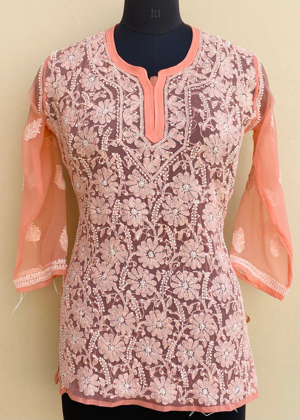 Lucknowi Chikankari Short Kurti Peach Georgette