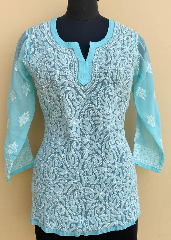 Lucknowi Chikankari Short Kurti Sea Green Georgette