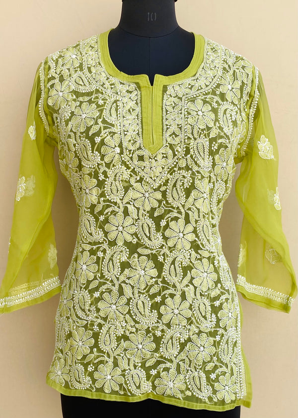 Lucknowi Chikankari Short Kurti parrot Green Georgette