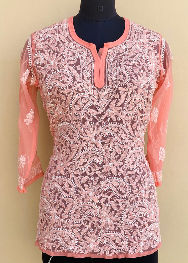 Lucknowi Chikankari Short Kurti Peach Georgette