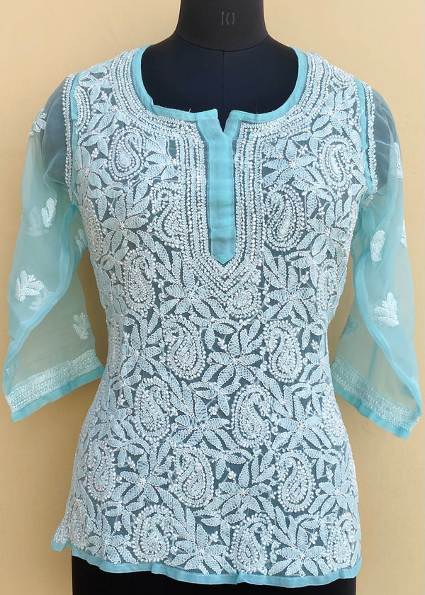 Lucknowi Chikankari Short Kurti Sea Green Georgette