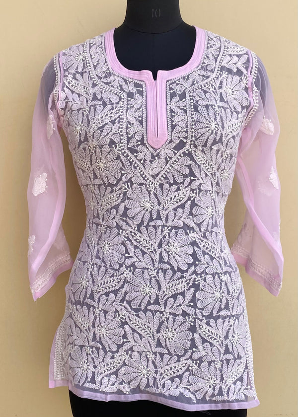 Lucknowi Chikankari Short Kurti Pink Georgette