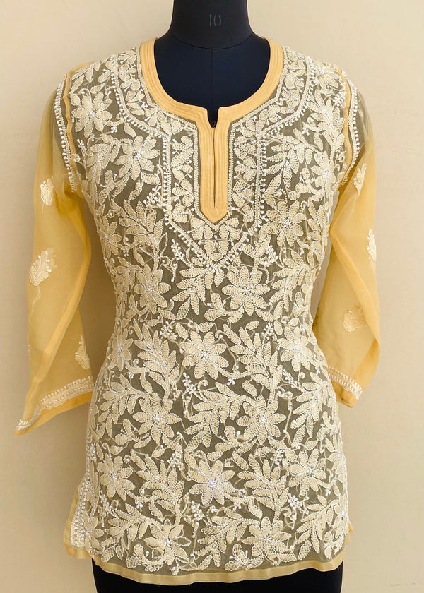 Lucknowi Chikankari Short Kurti Beige Georgette