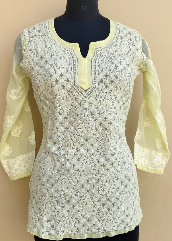 Lucknowi Chikankari Short Kurti Lemon Yellow Georgette